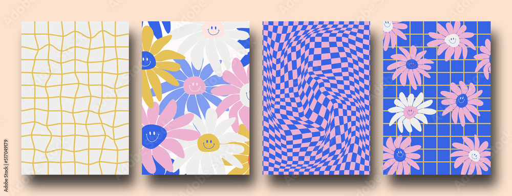 Wall mural vector set of groovy hippie 70s backgrounds. checkerboard, chessboard, mesh, waves patterns. twisted