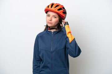 Young cyclist Lithuanian woman isolated on white background having doubts