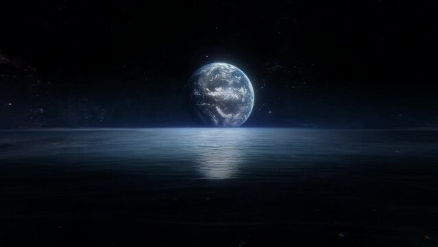 Earth rising over the ocean of Jupiters moon Europa with liquid water. Fictional concept 3D animation depicting search for life in space and future terraforming. Calming and ethereal loop in 4K UHD.
