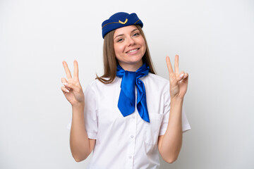 Airplane Lithuanian woman stewardess isolated on white background showing victory sign with both hands