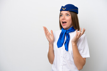 Airplane Lithuanian woman stewardess isolated on white background with surprise facial expression