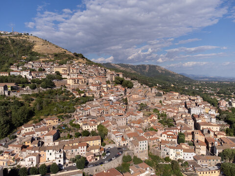 aerial view of the historic city of Palestrina located on the side of a mountain, not far from Rome