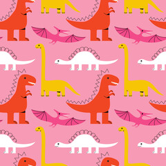 Seamless pattern with cute funny dinosaurs