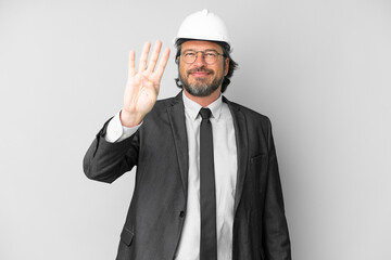 Young architect man with helmet over isolated background happy and counting four with fingers