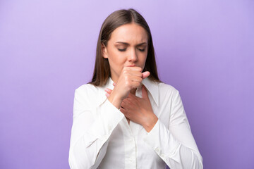 Young caucasian woman isolated on purple background coughing a lot