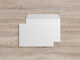 3D Illustration. White envelope, A5 format on a wooden background with white card