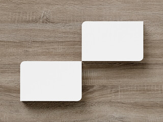 3D illustration. White business card on wooden background