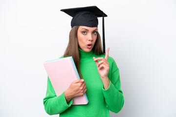 Young student caucasian woman isolated on white background intending to realizes the solution while lifting a finger up