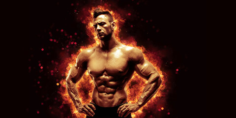 Brutal strong athletic Bodybuilder posing. Fire and spark explosion in the background.