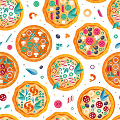 Pizza as Baked Round Dough Topped with Different Ingredient Vector Seamless Pattern Template