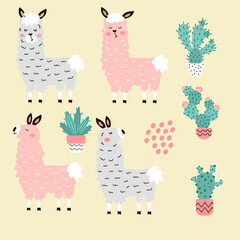 Set of alpaca llamas and cacti. Cute baby llamas and alpacas. Drawing for T-shirts, packaging, and bags.