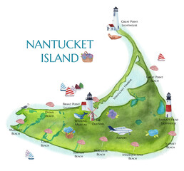 Nantucket Island map. Watercolor illustration. Massachusetts. Perferect to souvenir products, posters, cards - 517055115