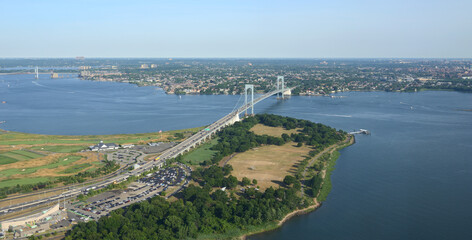 Bronx-Whitestone Bridge, suspension bridge, and Throgs Neck Bridge, suspension bridge, in New York...