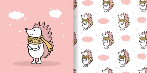 Seamless pattern cute hedgehogs in a scarf on a pink and white background. Design set. Template for fabric textile prints and postcards.