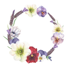 Floral arrangements of colorful anemones, forget-me-nots, lavender painted in watercolor.