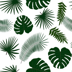 Tropical green seamless background palm leaves. Natural beauty.