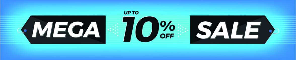 10% off. Horizontal blue banner. Advertising for Mega Sale. Up to ten percent discount for promotions and offers.