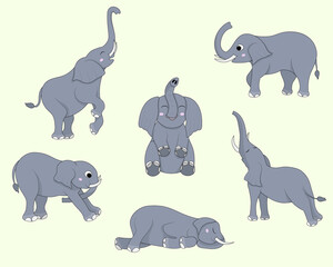 Cute cartoon elephant set. Flat style vector iullustration