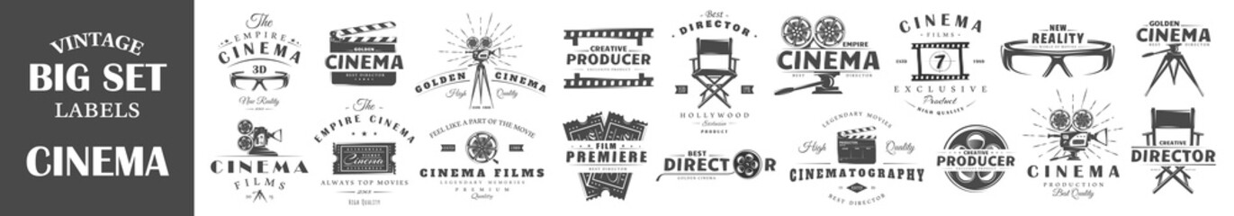 Set of vintage cinema labels. Posters, stamps, banners and design elements. Vector illustration - obrazy, fototapety, plakaty
