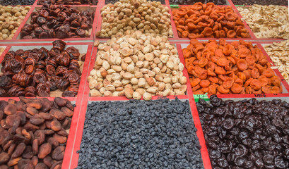Dried fruits and nuts at the local food market