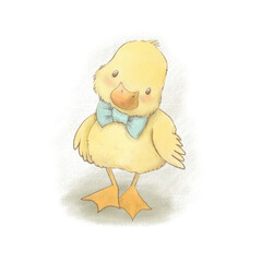 cute little duckling with a blue bow around his neck. Easter hand drawn illustration. 