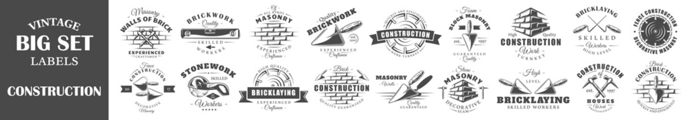 Set of vintage construction labels. Posters, stamps, banners and design elements. Vector illustration
