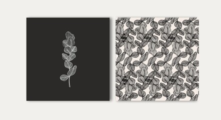 Collection card. Leave, Flowers line art botanical minimal illustration. Seamless pattern

