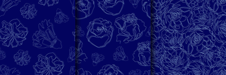 Collection of 3 bright blue endless patterns in sketch single line style. Floral seamless wallpaper, texture, wrapping pattern, textile, fabric. Vector background with hand drawn flowers.