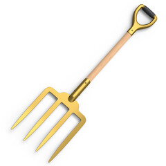 Garden pitchfork with wooden handle for harvesting hay on white background.