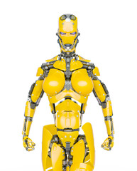 cyborg girl is angry and ready to attack on white background