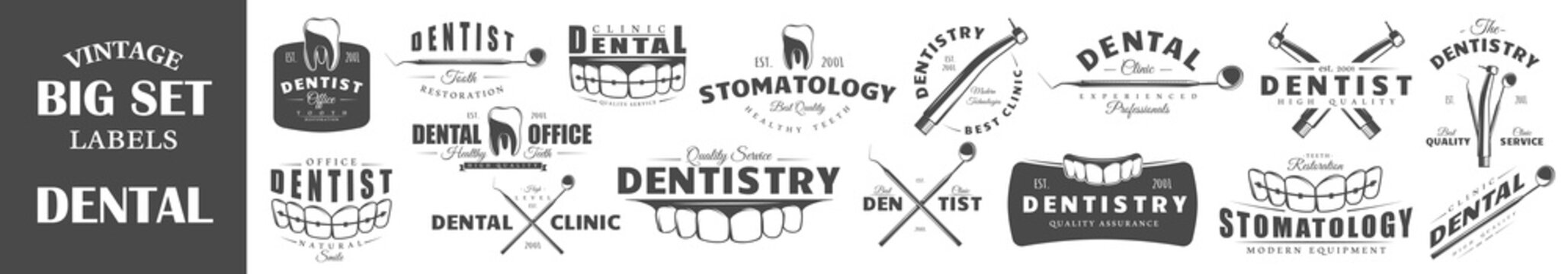 Set of dentist labels. Elements for design on the dentist theme. Collection of dentist symbols: tooth, jaw, dental tools. Modern labels of dentist. Emblems and logos of dentist. Vector illustration
