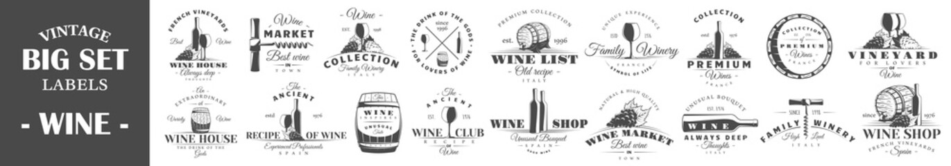 Set of wine labels. Elements for design on the wine theme. Collection of wine symbols: grape, bottle, barrel. Modern labels of wine. Emblems and logos of wine. Vector illustration
