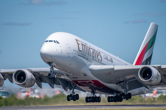Emirates Airbus A380 departing Manchester Airport