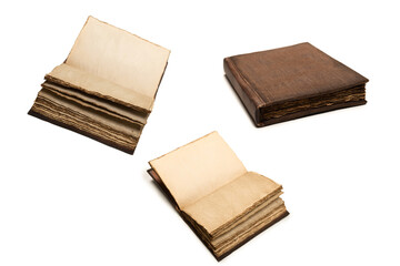An open empty old notebook isolated on a white background.