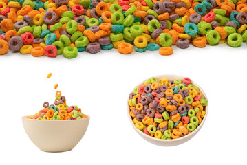 Colorful rings cereal spill out into a bowl. Breakfast. Isolated.