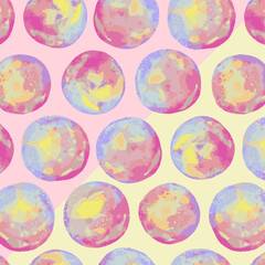 Seamless Vector Pattern with Watercolor Colorful Balls.  Two Colorways.  One with Pink Background.  The Other with Yellow Background.