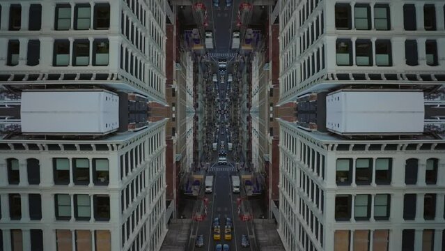 Vehicles on street surrounded by tall buildings. Town development in urban borough. Abstract computer effect digital composed footage