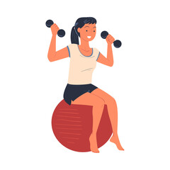 Young Woman Character Sitting on Fitball with Dumbbell Doing Sport at Home Vector Illustration