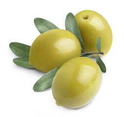 Delicious green olives with leaves, isolated on white background