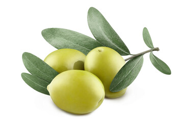 Delicious green olives with leaves, isolated on white background