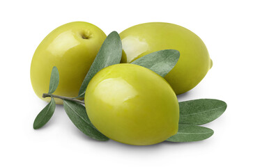 Delicious green olives with leaves, isolated on white background