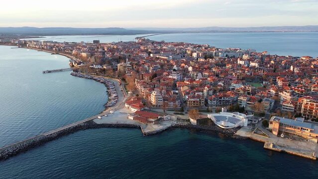 Aerial view of Nessebar with a pier on a peninsula in the Black Sea, Bulgaria