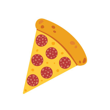 Vector slice of pizza with sausage and cheese. Delicious Italian pizza with pepperoni sausage. Isolated on a white background.