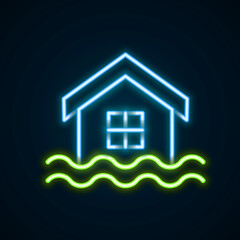 Glowing neon line House flood icon isolated on black background. Home flooding under water. Insurance concept. Security, safety, protection, protect concept. Colorful outline concept. Vector