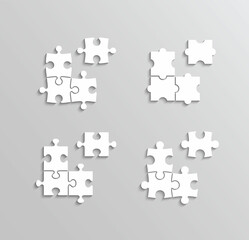 Jigsaw outline grid set. Separate puzzle pieces. Scheme of thinking game with 4 details. Cutting template. Modern background. Mosaic silhouette. Simple frame tiles. Vector illustration.