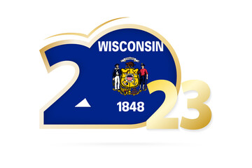 Year 2023 with Wisconsin Flag pattern. - obrazy, fototapety, plakaty