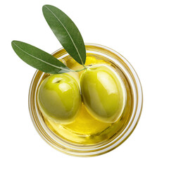 Two olives in oil with leaves, isolated on white background