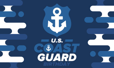 U.S. Coast Guard Birthday in United States. Federal holiday, celebrated annual in August 4. Sea style. Design with anchor and shield. Patriotic element. Poster, greeting card, banner and background. V