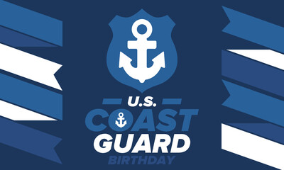 U.S. Coast Guard Birthday in United States. Federal holiday, celebrated annual in August 4. Sea style. Design with anchor and shield. Patriotic element. Poster, greeting card, banner and background. V