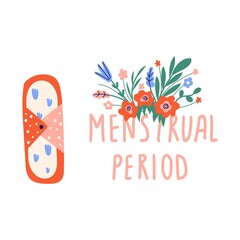 Female regular menstrual pad, cycle concept. Women period, menstruation, premenstrual syndrome, uterus. Hand draw vector illustrations. - 517064515